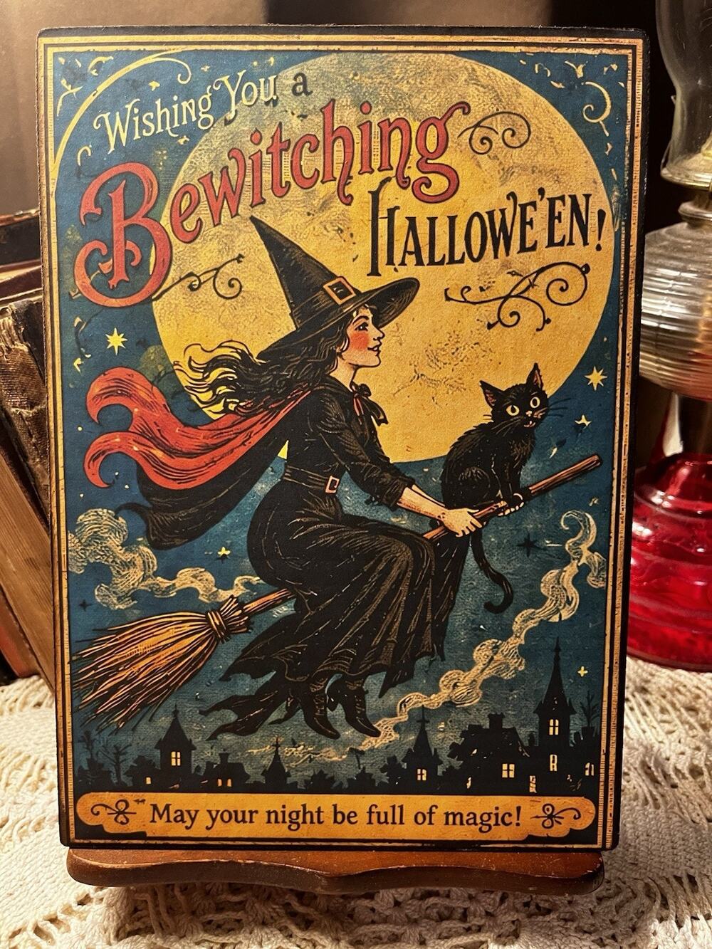 Bewitching Halloween, Witch. Retro Handcrafted Plaque